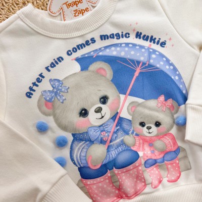  Conj. Casaco Ursinhas After Rain e Calça Legging - Off White e Azul